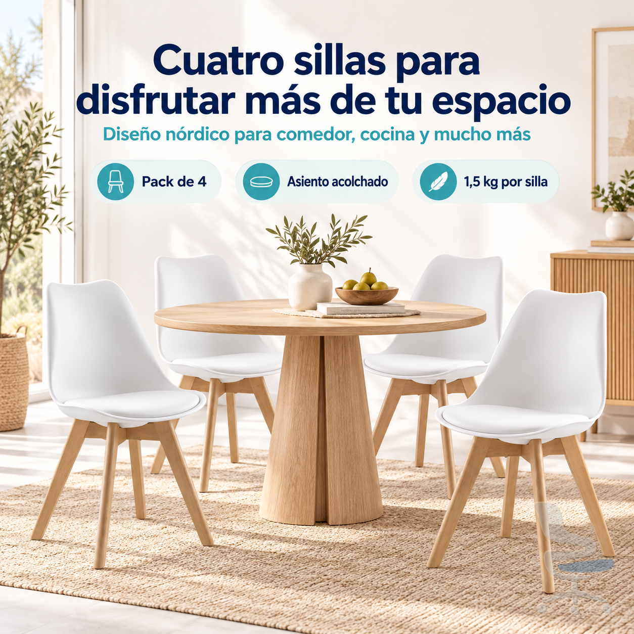 Juego de 4 sillas de comedor nórdicas con asiento acolchado y patas de madera — 1