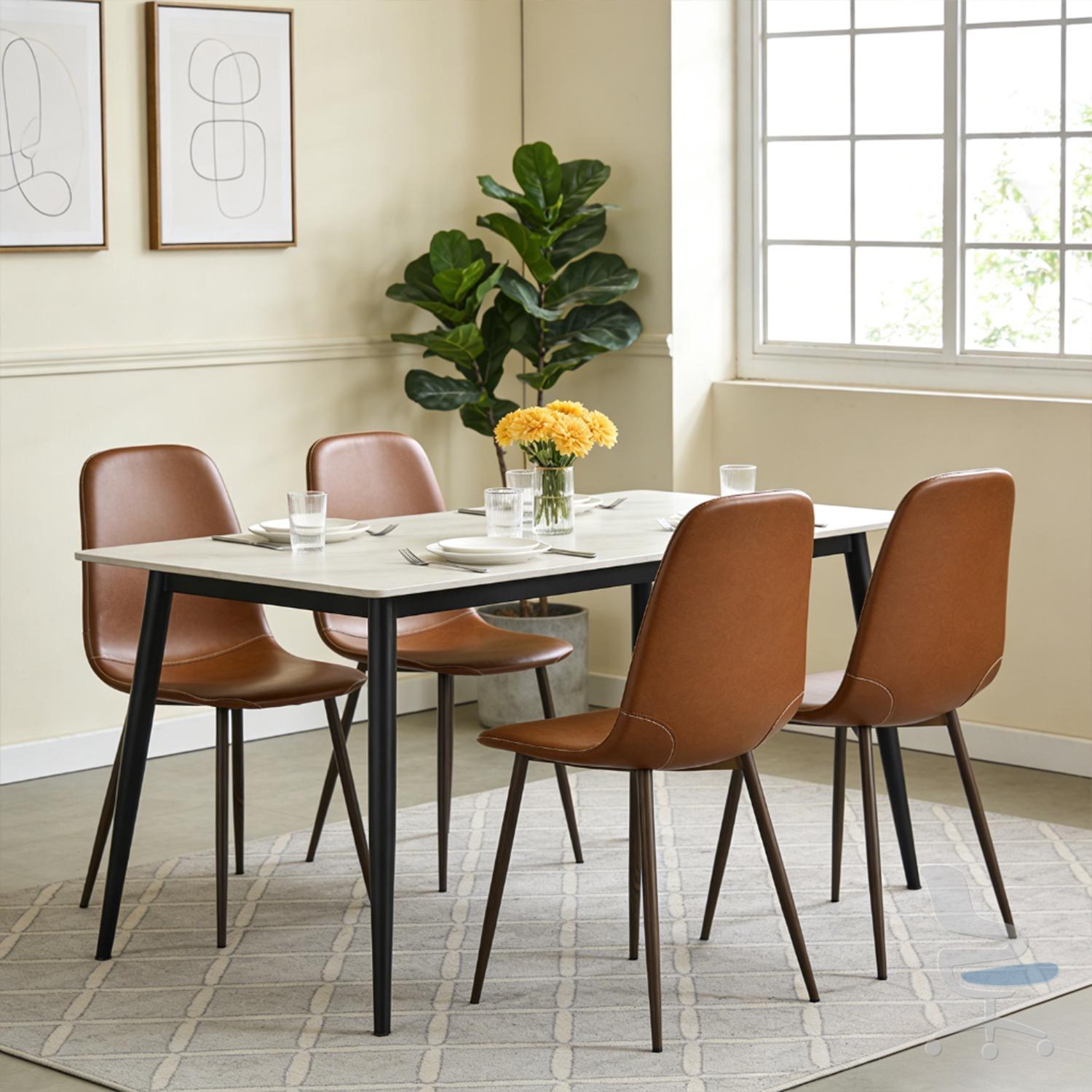 Juego de sillas de comedor modernas estilo Mid-Century, asiento acolchado PU y patas metálicas efecto roble — 1