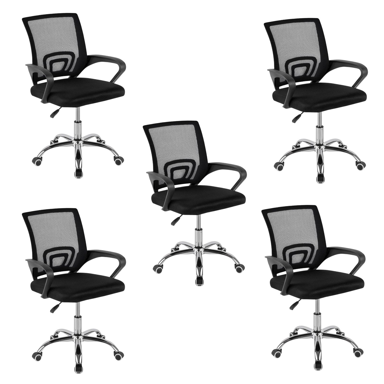 Pack 5 Sillas Oficina Ergonómica Negra - Malla Transpirable Base Giratoria Cromada 360° — Sillas de oficina en Si3 Sillas