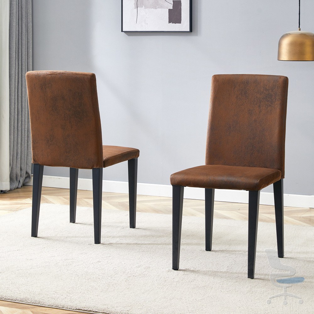 Set de 2 sillas de comedor minimalistas con tela tejida marrón y patas de metal negro — 1