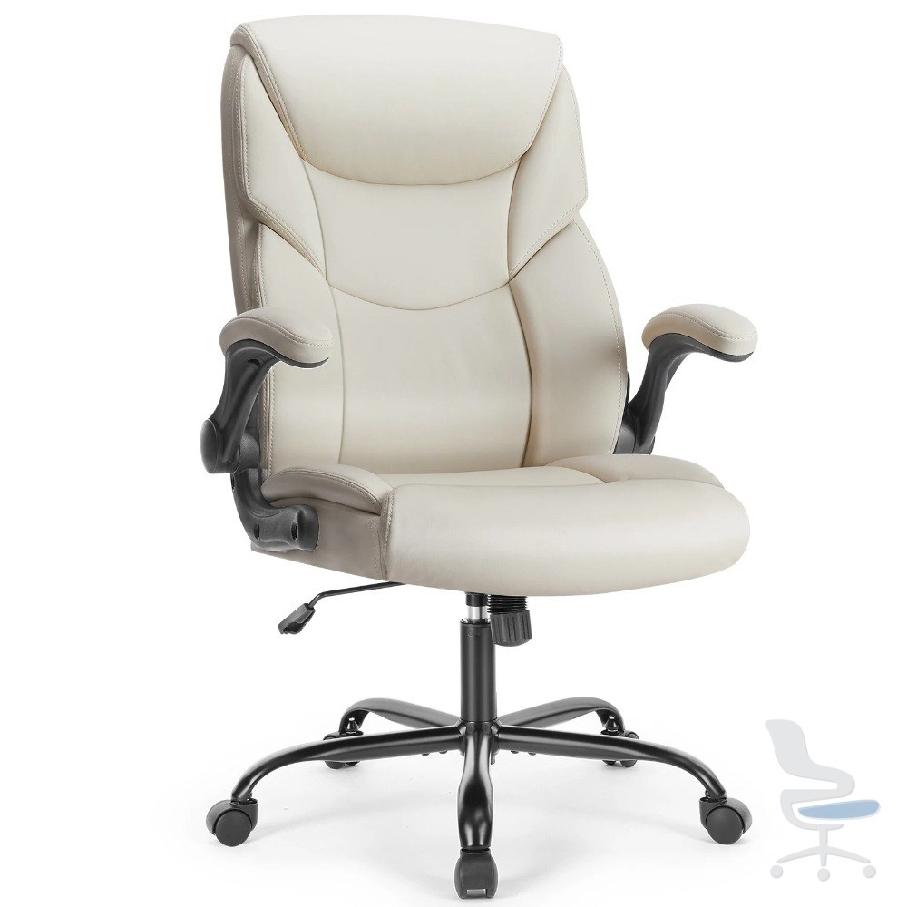 Silla de oficina ergonómica con brazos abatibles, cuero PU, ajustable y con ruedas, negra — 1