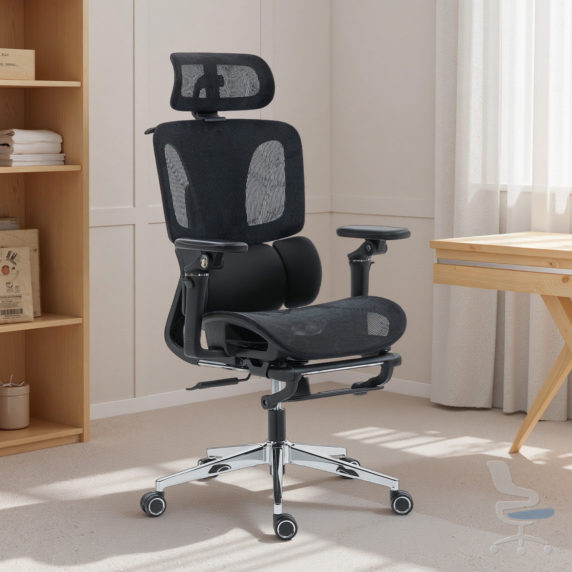 Silla de oficina ergonómica con reposabrazos 6D y reposacabezas, altura y profundidad ajustables, negra — 1