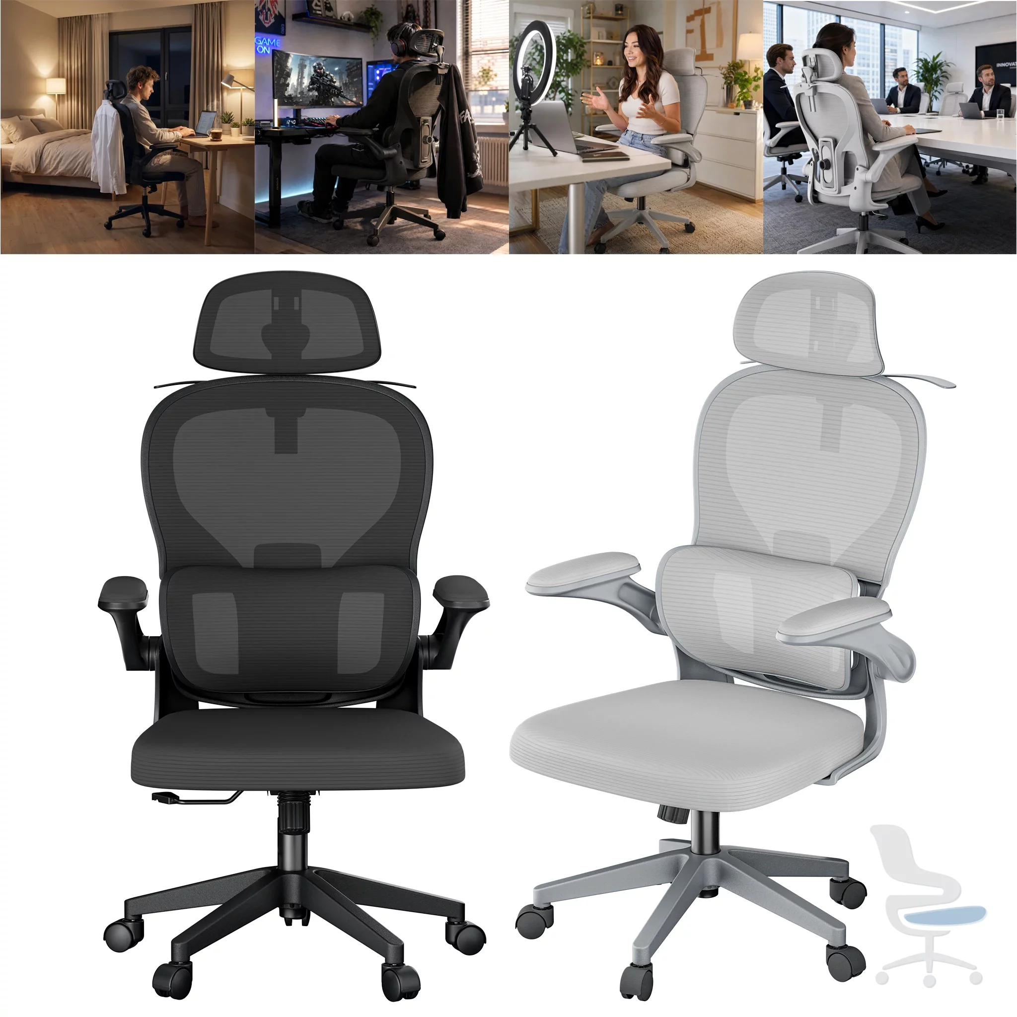 Silla de oficina ergonómica de malla con reposacabezas, soporte lumbar y reposabrazos plegables, 150 kg — 1