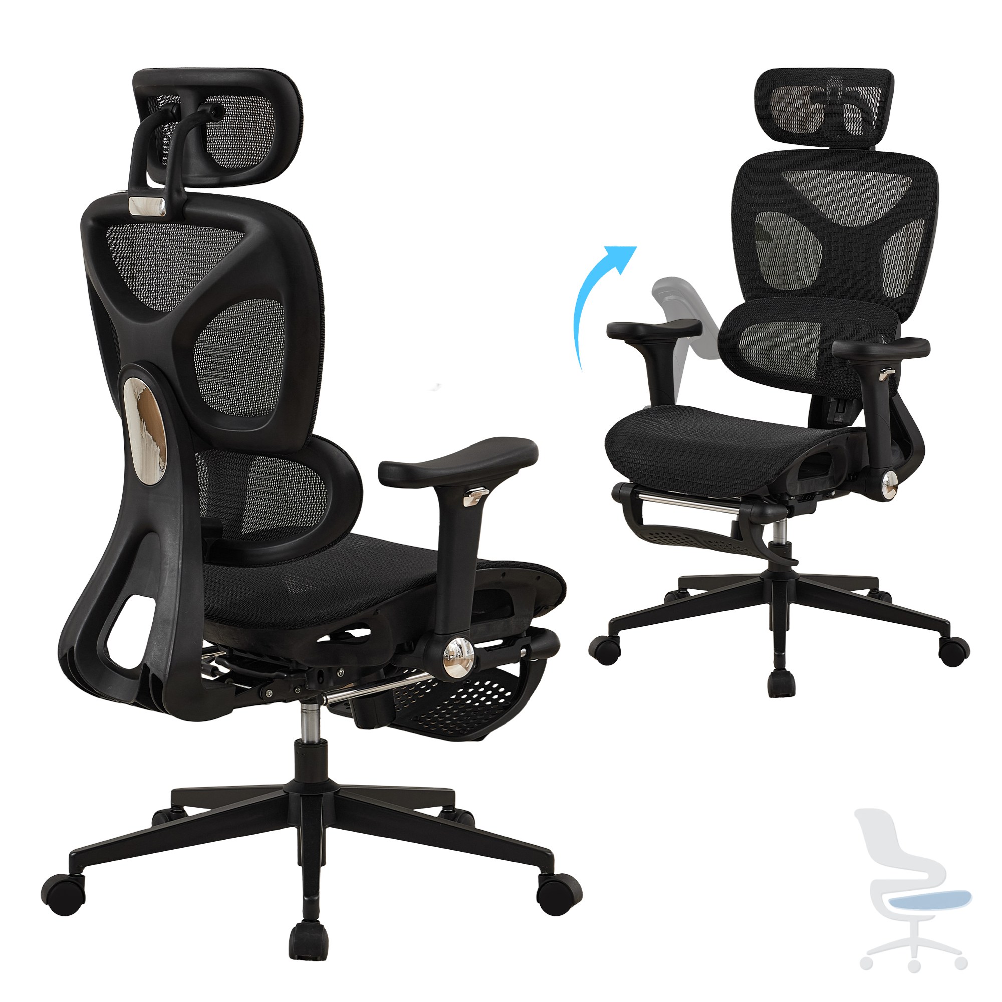 Silla de oficina ergonómica de malla con reposapiés, reposabrazos 5D, soporte lumbar y reposacabezas ajustable — 1