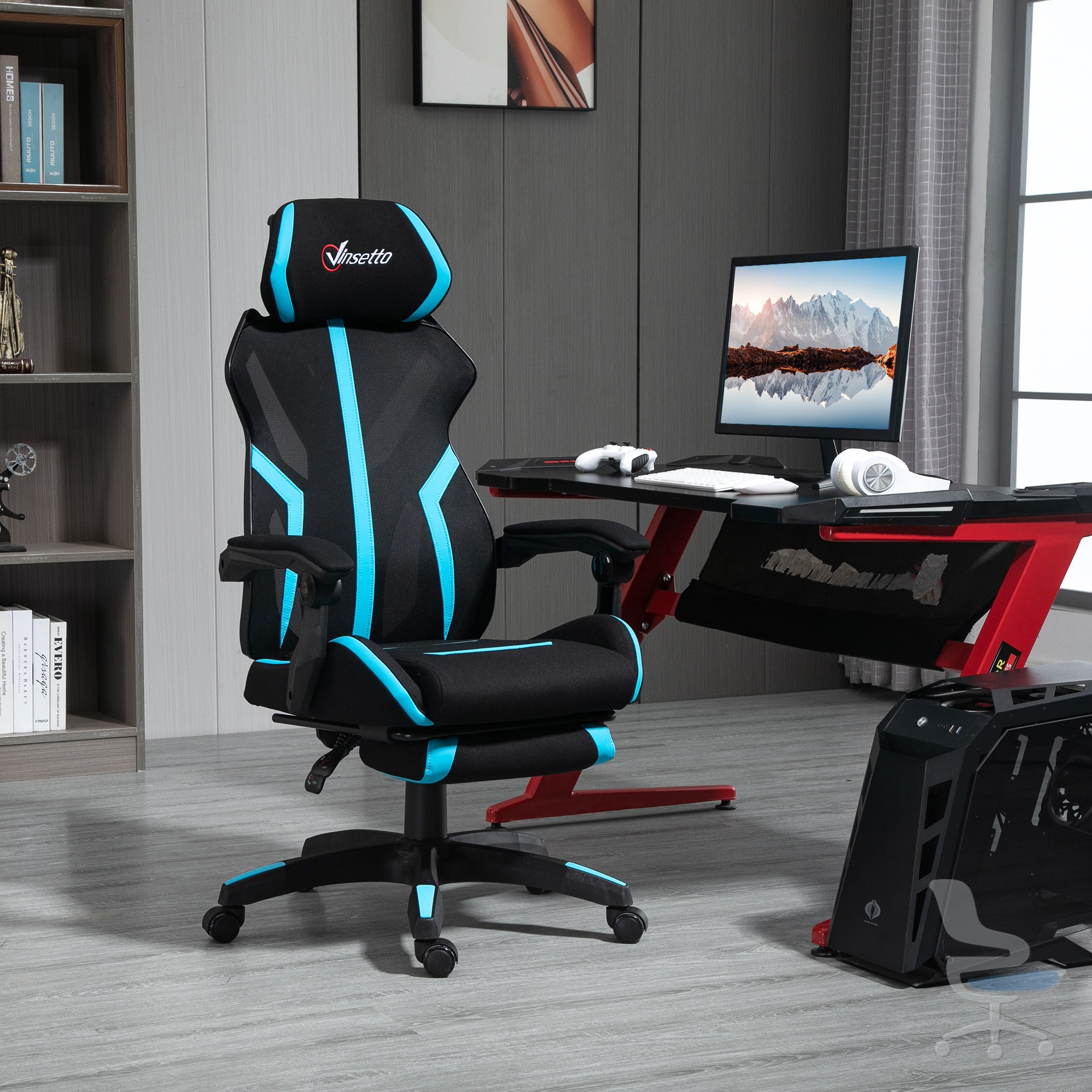 Silla gaming reclinable con reposapiés retráctil y altura ajustable, azul — 1