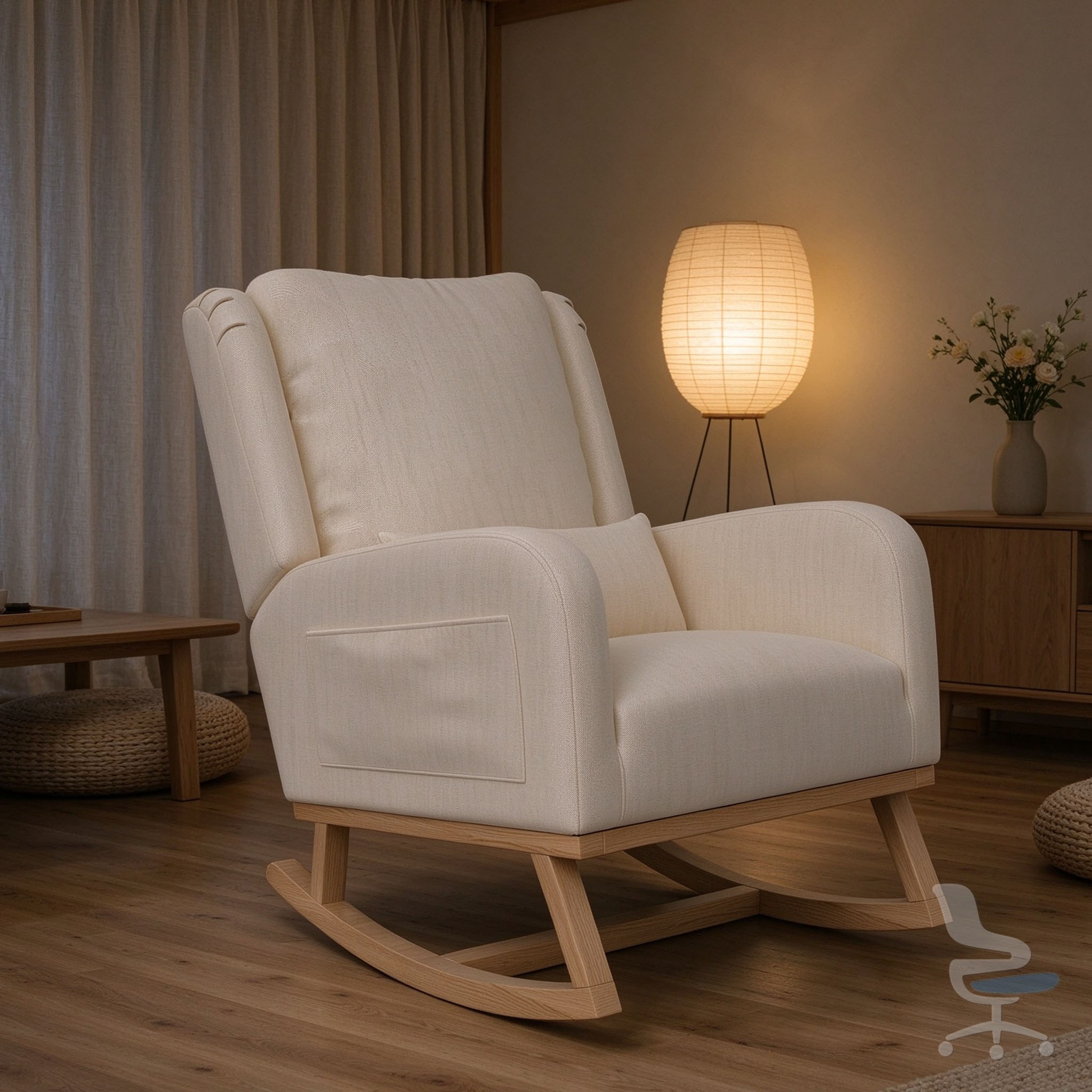 Silla mecedora de tela de lino con cojín lumbar y estructura de madera maciza — 1