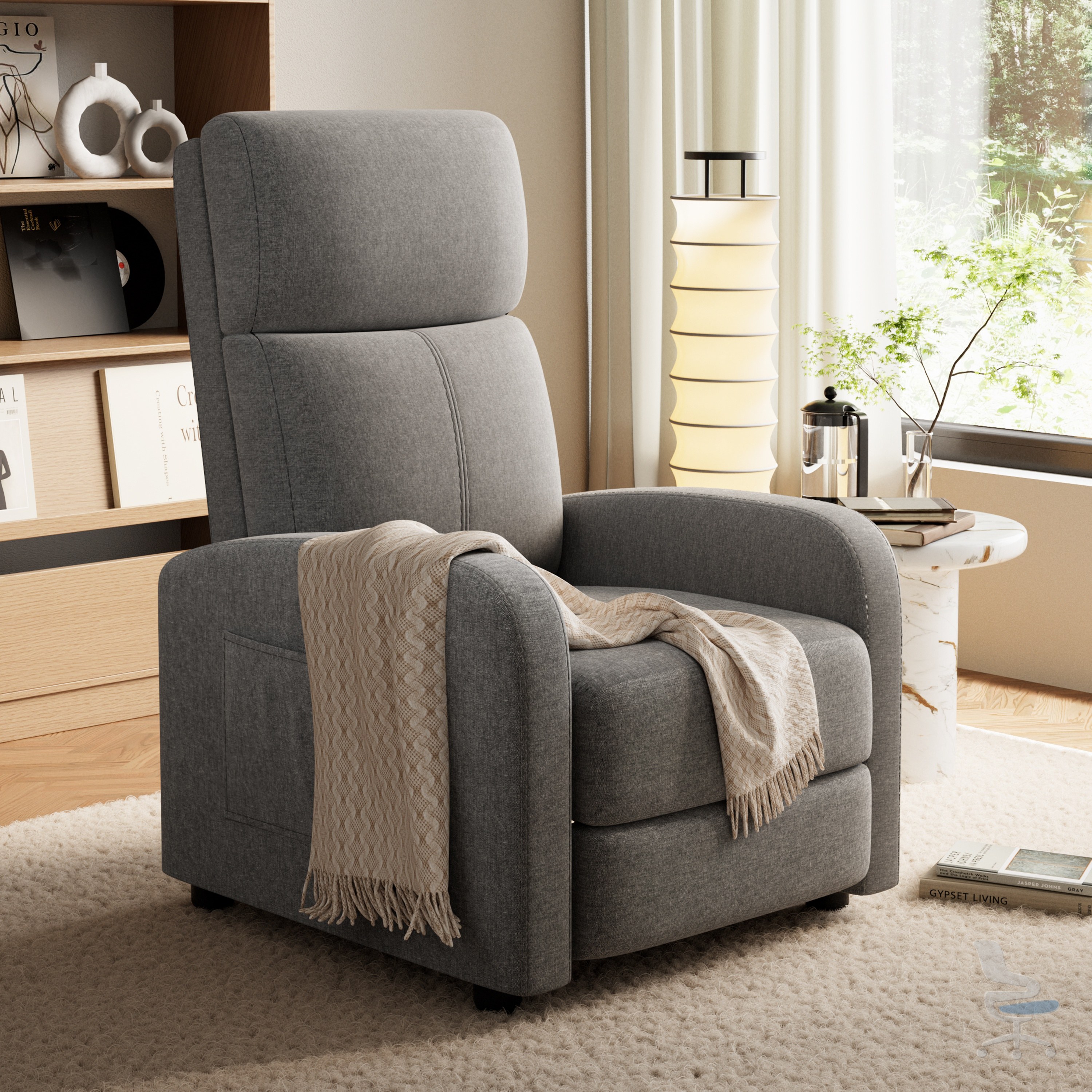 Sillón de relax ergonómico con respaldo alto, reposabrazos anchos y bolsillo lateral, gris plateado — 1