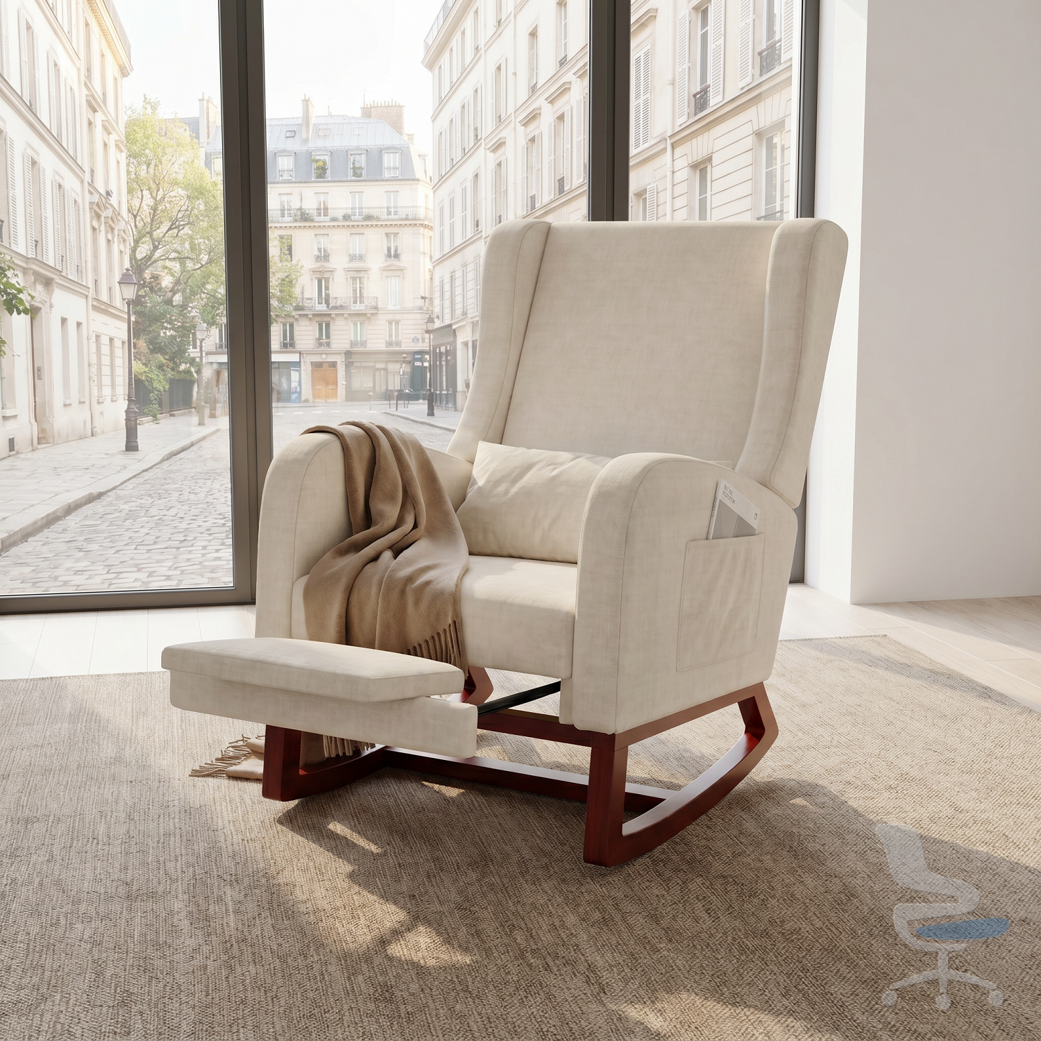 Sillón reclinable con reposapiés retráctil, tapizado en lino y almohada lumbar — 1