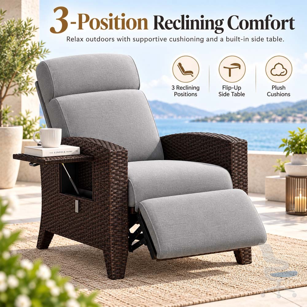 Sillón reclinable de mimbre para exterior con reposapiés y mesa auxiliar — 1