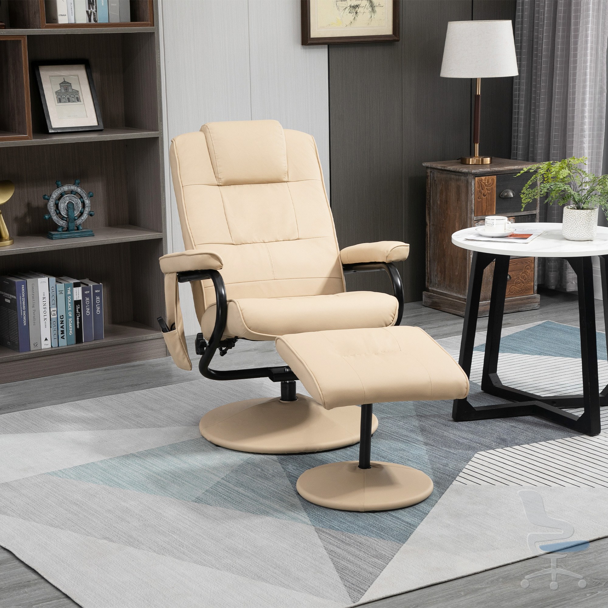Sillón relax giratorio 360° con puf, función de masaje y bolsillo lateral, color crema — 1