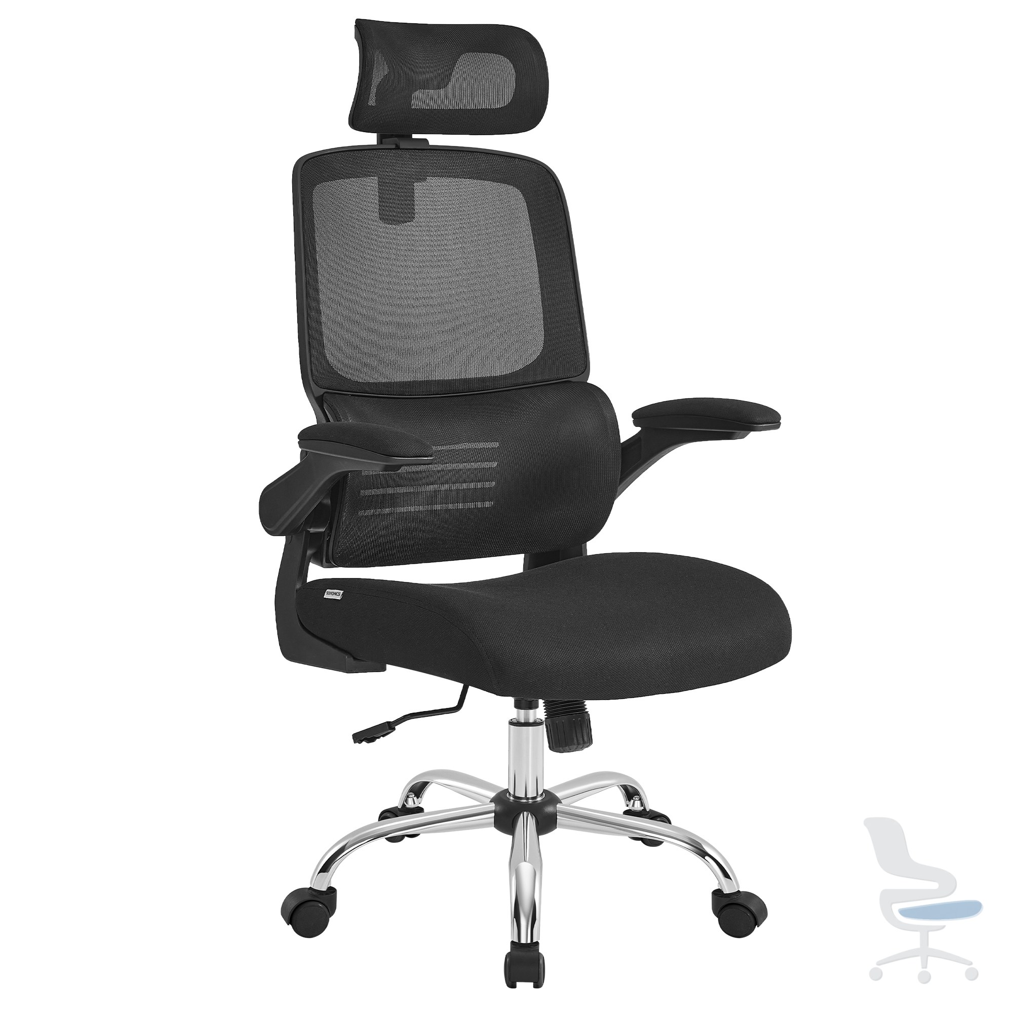 SONGMICS Silla Ergonómica de Oficina, Silla de Escritorio, Silla de Malla, Respaldo Alto, Reposabrazos Abatibles, Soporte Lumbar, Reposacabezas Ajustable, Inclinable, Negro Tinta/ Gris Paloma — 1